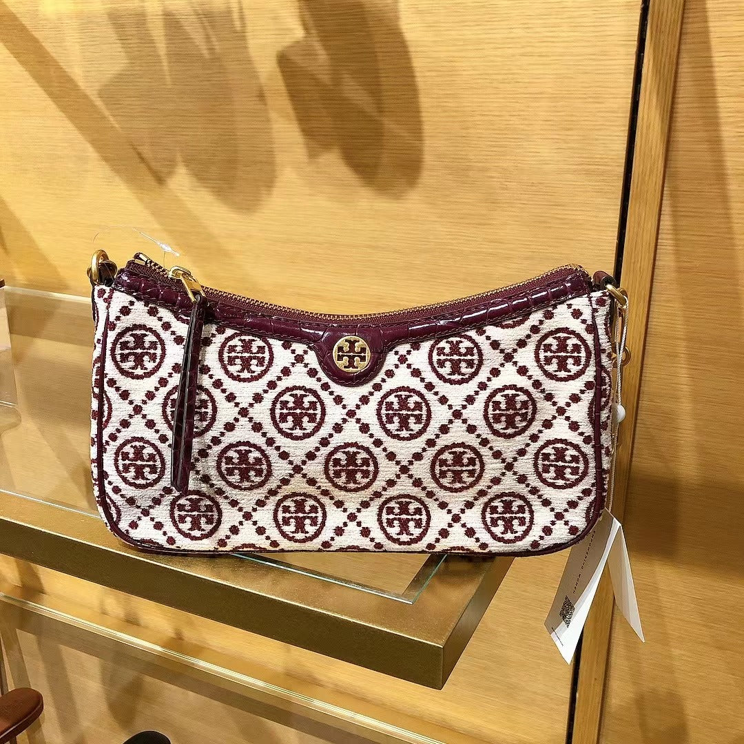 TORY BURCH 86553 1121 T MONOGRAM CHENILLE STUDIO BAG IN Claret / New Cream TORY BURCH 86553 1121 T MONOGRAM CHENILLE STUDIO BAG IN Claret / New Cream